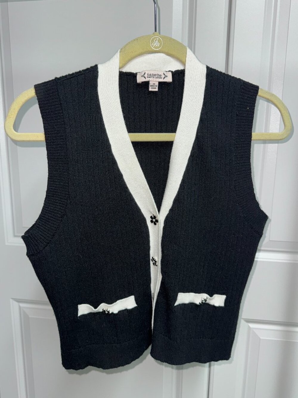 Nanette Lepore Ribbed V-Neck Sweater Vest with Flower Buttons